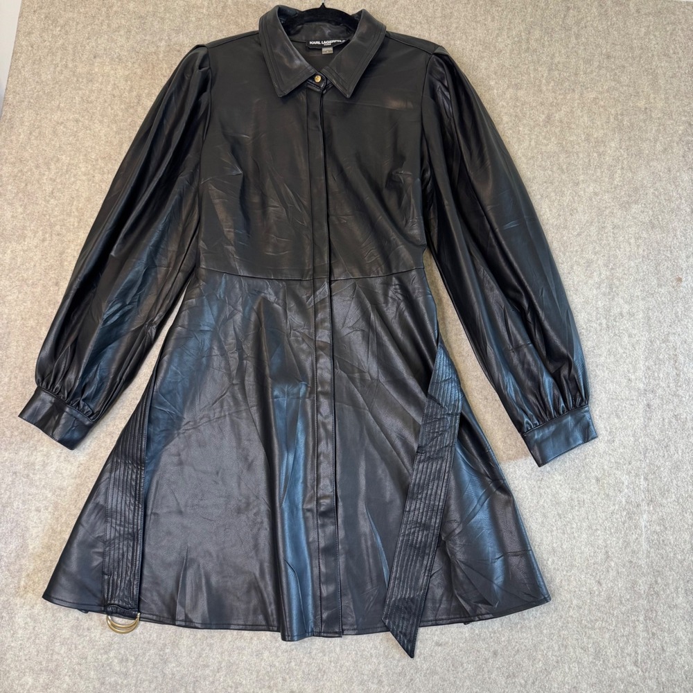 Karl Lagerfeld Paris Faux Leather Shirt Dress Womens 16 Black Puff Sleeve Edgy